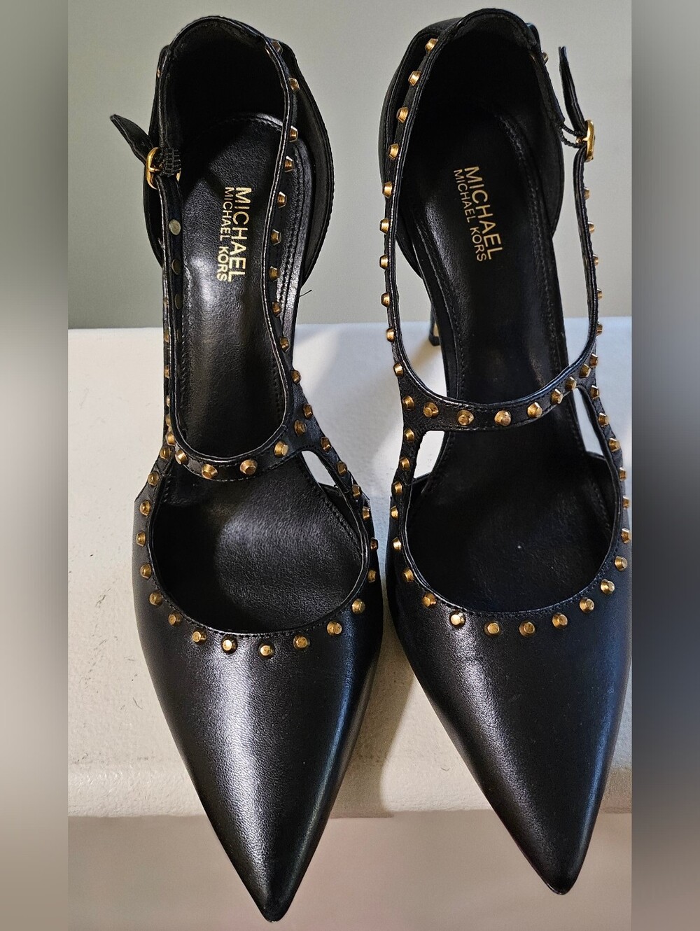 Michael Kors Black Leather Pointed Toe Studded Mary Jane Heels